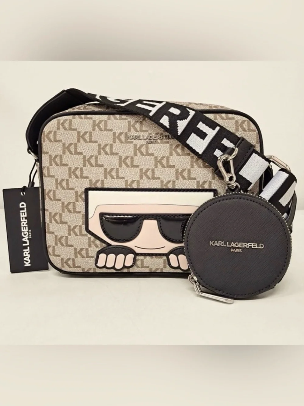 New Karl Lagerfeld Beige KL Monogram Crossbody Bag with Removable Coin Pouch